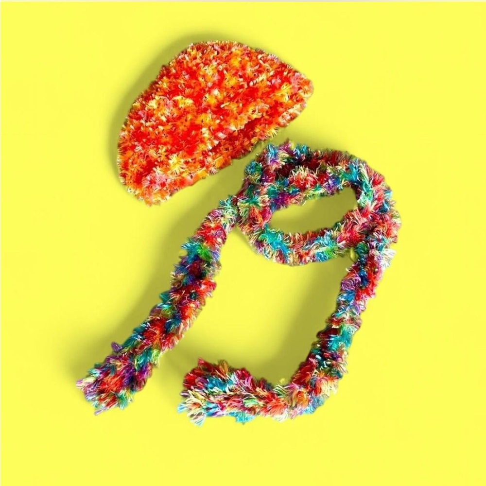 Y2k rainbow featherless boa scarf and orange hat